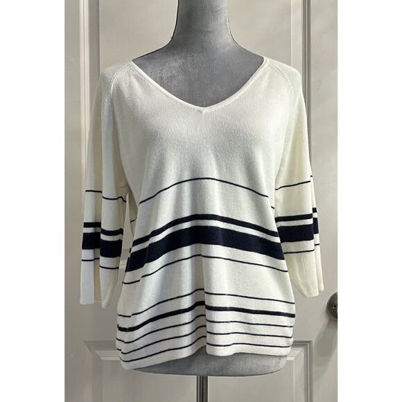 Christopher & Banks Blue Striped Pullover V Neck Crop Sweatshirt Women’s L - Picture 1 of 9